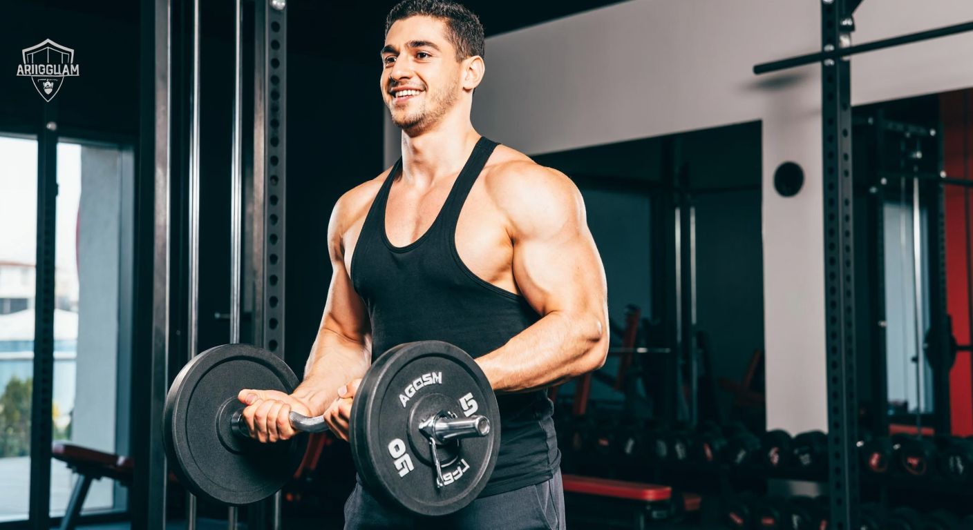 A muscular man in a modern Istanbul gym, wearing a black tank top and lifting weights, with a confident smile and a branded "Ağırsağlam" logo subtly visible on the equipment.