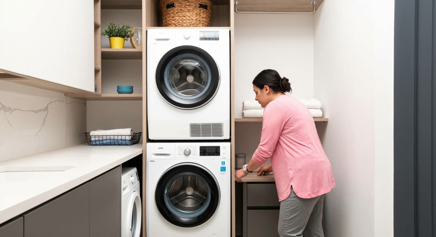 A neatly stacked Vestel washing machine and dryer in a modern Turkish laundry room, with a cautious homeowner checking the electrical socket for safety.