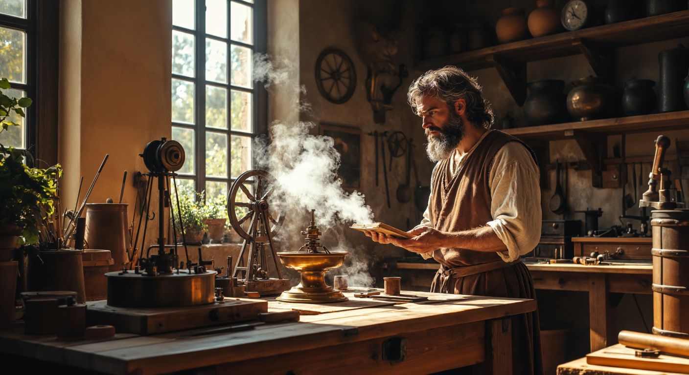 A bearded ancient Greek inventor in a sunlit workshop, surrounded by intricate brass mechanisms, a steaming aeolipile, and a miniature windmill, with a look of focused curiosity on his face.