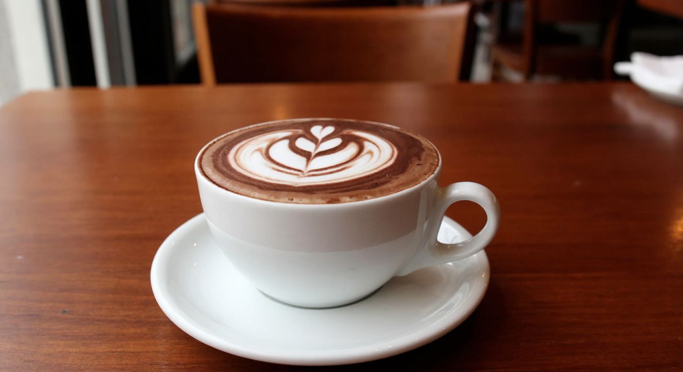 A steaming cup of mocha coffee with rich chocolate swirls and creamy milk foam, set on a wooden table in a cozy Turkish café.