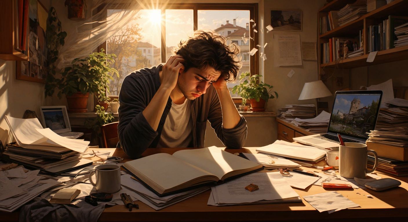 A frustrated student sits at a cluttered wooden desk in a sunlit Turkish home, surrounded by scattered papers and a laptop, rubbing their temples while staring at a blank notebook.