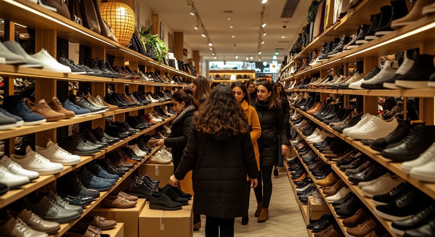 A crowded Turkish shoe store with excited shoppers grabbing discounted shoes from overflowing shelves during a Black Friday sale, under warm golden lights.