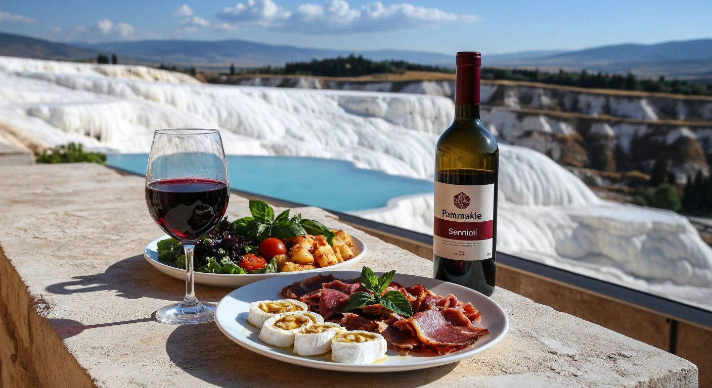 A sunlit terrace overlooking Pamukkale's white travertines, with a glass of deep red wine and a bottle labeled "Pamukkale Senfoni" beside a plate of Turkish meze.