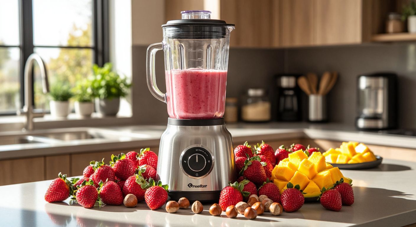 A sleek silver blender with a glass jar sits on a sunlit Turkish kitchen counter, surrounded by fresh strawberries, frozen mango chunks, and hazelnuts, blending into a vibrant pink smoothie with a creamy swirl.