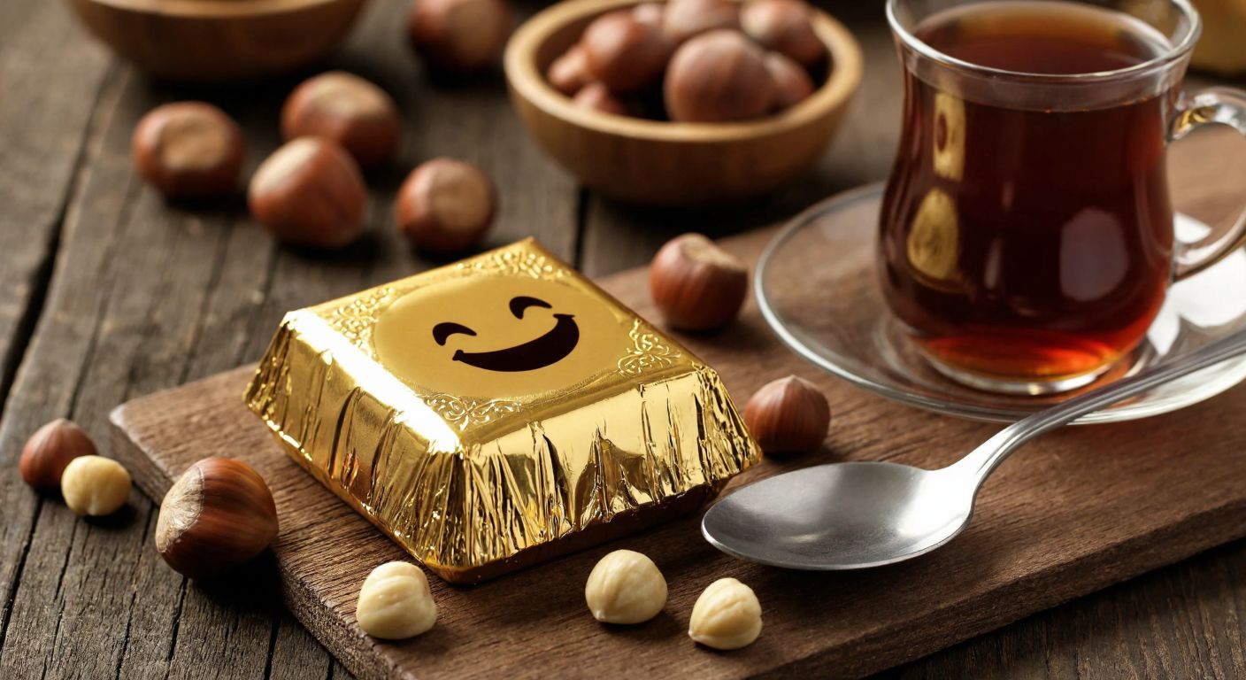 A close-up of a golden-wrapped chocolate bar (Altınmarka kokolin) resting on a rustic wooden table in a Turkish café, surrounded by scattered hazelnuts and a steaming cup of Turkish coffee, with a satisfied smile subtly reflected in a polished silver spoon nearby.
