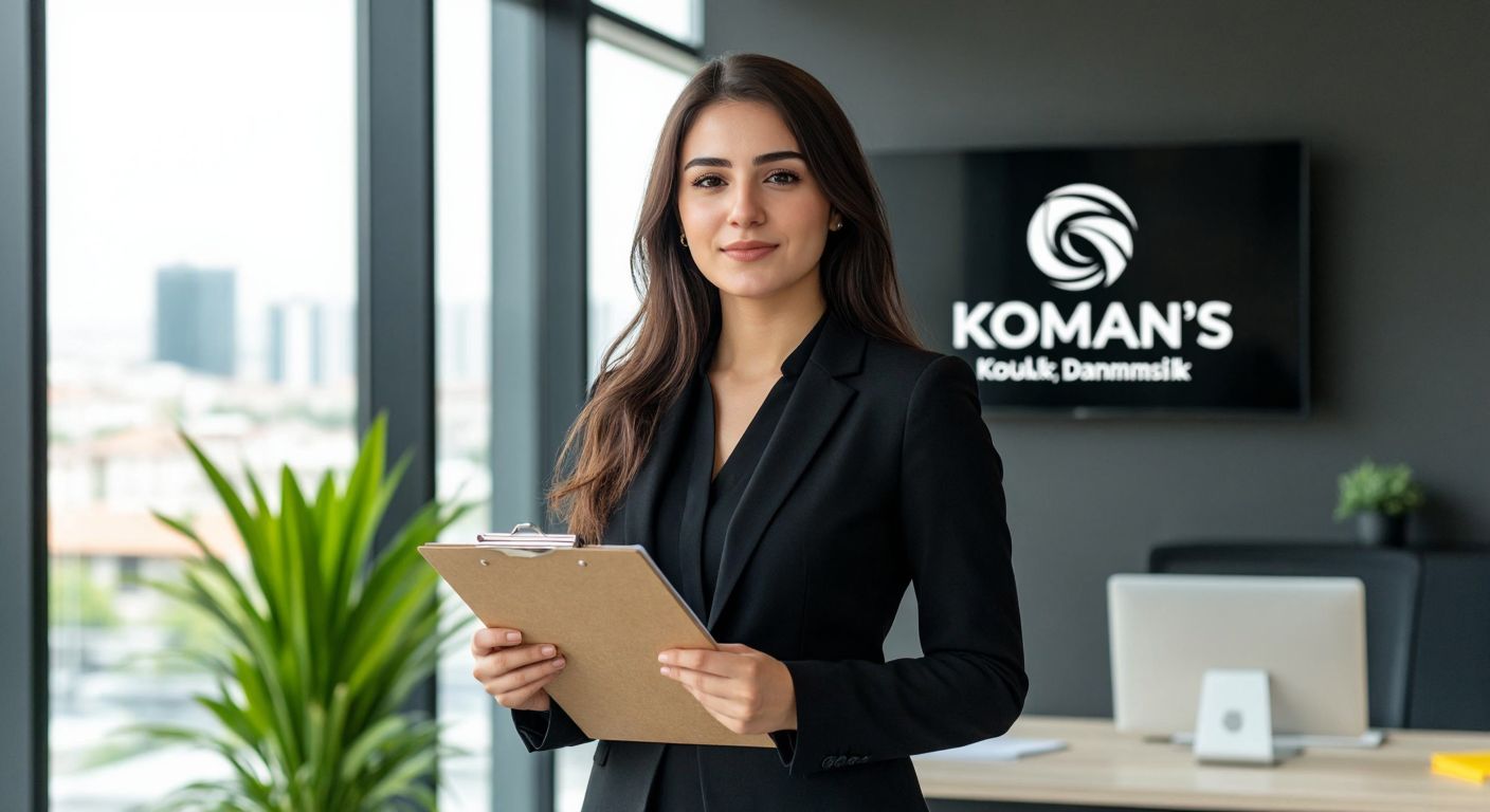 A confident Turkish woman in a professional blazer stands in a modern office, holding a clipboard while a sleek company logo for "Koman’s Koçluk ve Danışmanlık" is subtly displayed on the wall behind her.