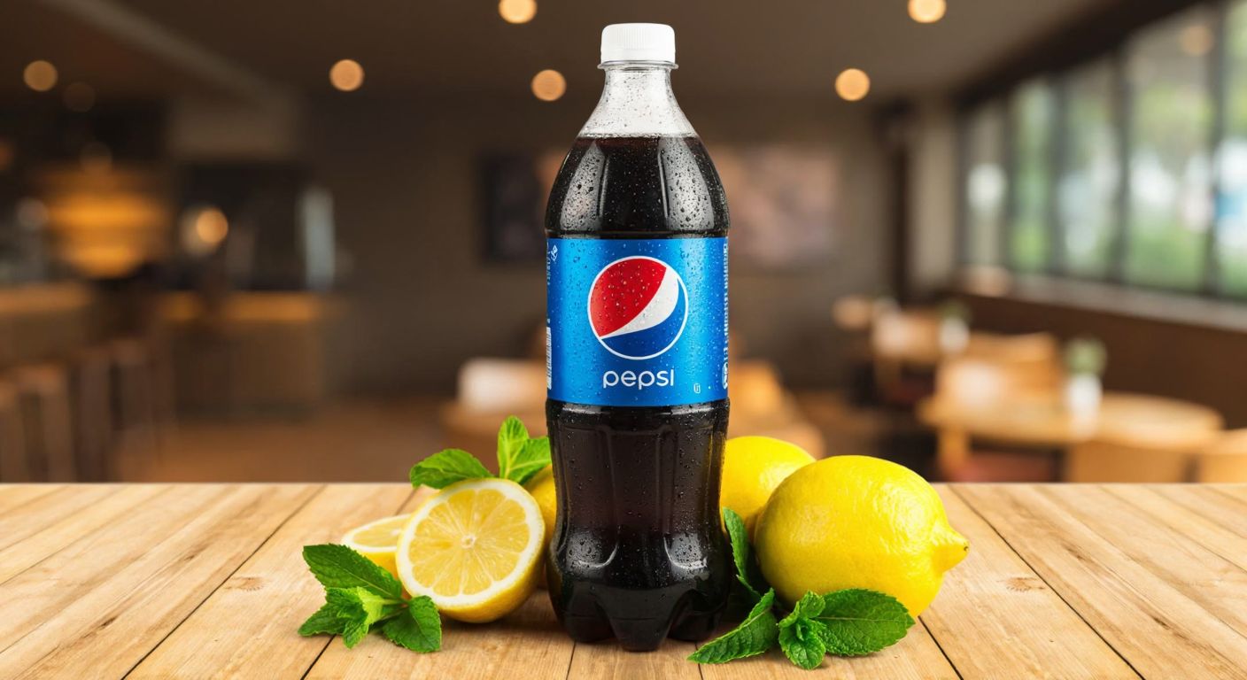 A cold, frosty 1-liter bottle of Pepsi Zero Sugar sitting on a wooden table in a Turkish café, with condensation dripping down its dark label, surrounded by fresh lemon slices and mint leaves.