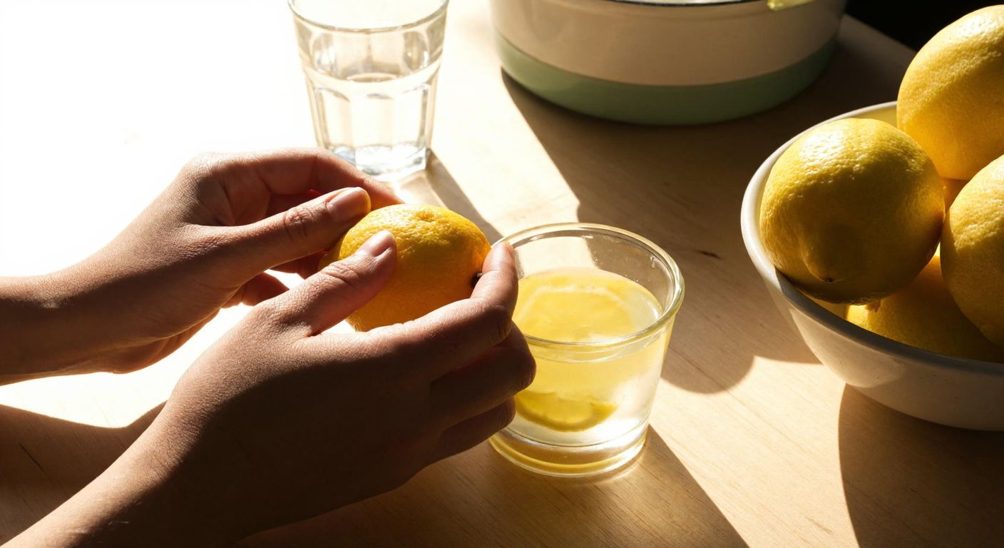A close-up of a pair of hands carefully peeling the thin, translucent membrane off a lemon seed resting on a sunlit wooden table, with a bowl of fresh lemons and a small glass of water nearby.