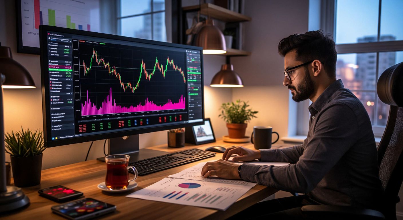 A focused trader in a modern home office adjusts a vibrant, multi-colored candlestick chart on a large monitor, surrounded by notes and a steaming cup of Turkish tea.