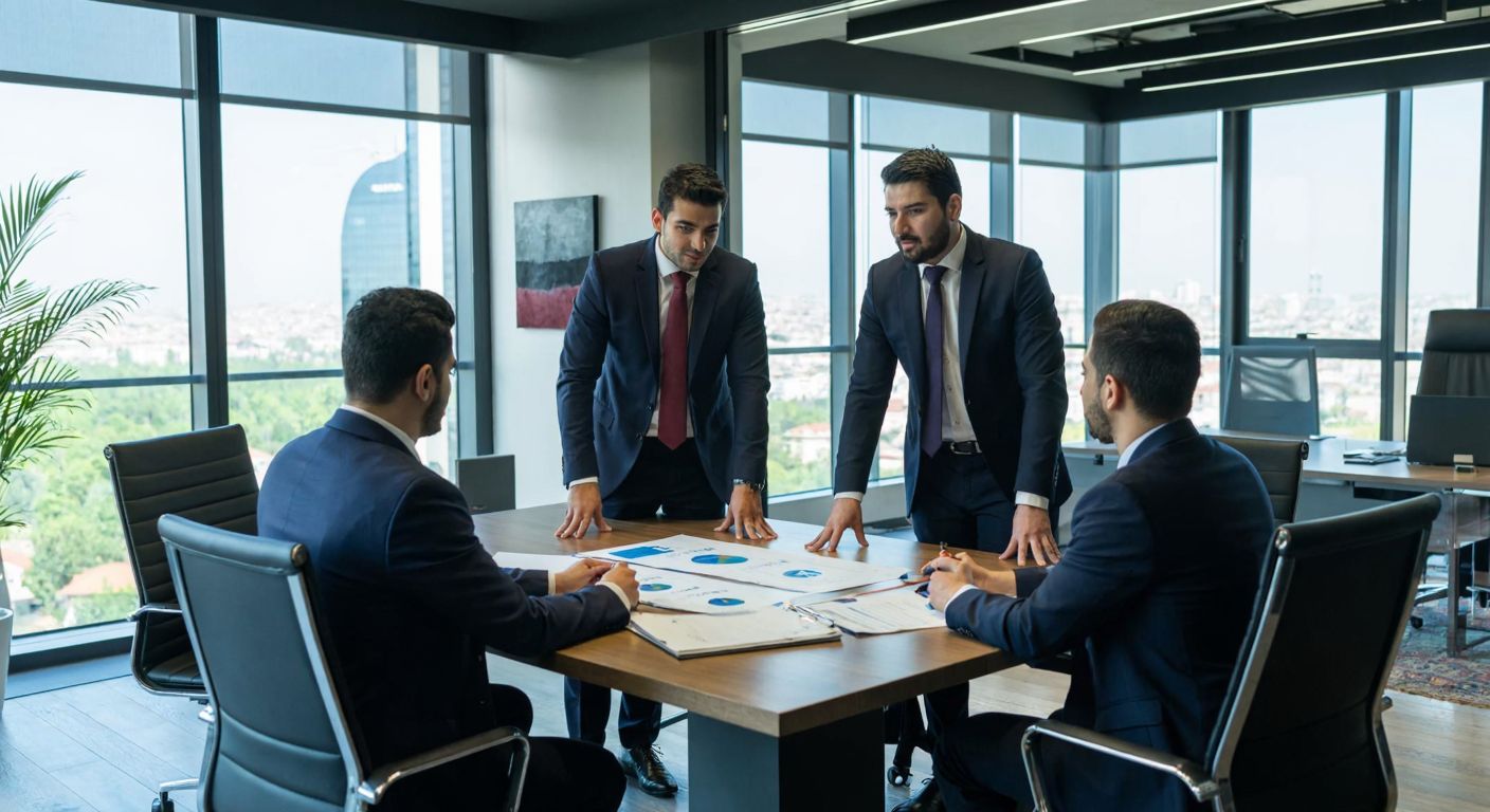 A modern office in Istanbul with well-dressed professionals in suits discussing financial charts, symbolizing collaboration and regulation in Turkey's capital markets.