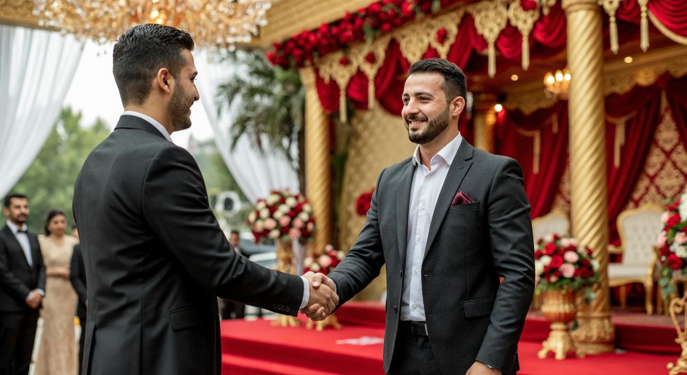 A Turkish businessman in a sharp suit shakes hands with another man in front of a wedding venue adorned with red and gold decorations, symbolizing the sale of the wedding platform.