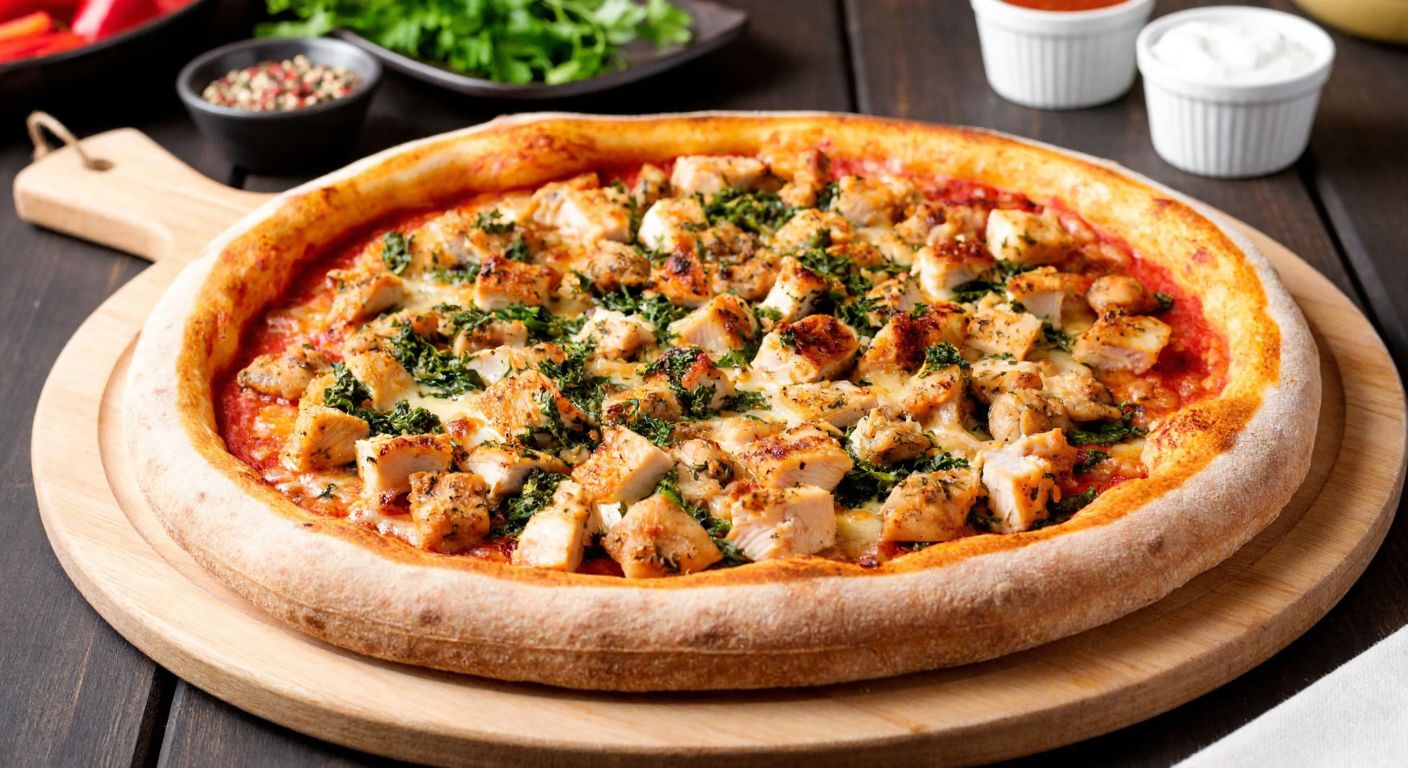 A golden-brown pizza topped with diced, grilled chicken breast, melted cheese, and fresh herbs, placed on a wooden table in a cozy Turkish kitchen.