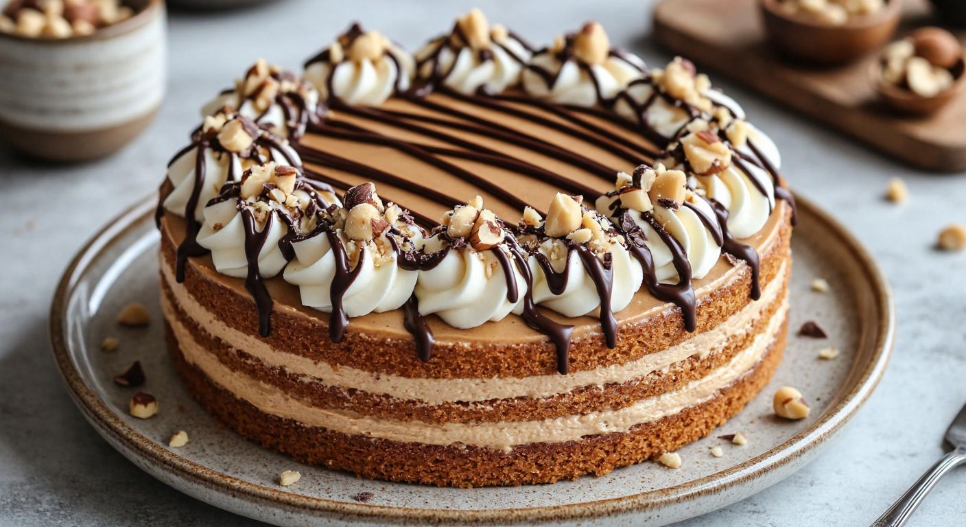 A golden-brown layered latte cake with creamy coffee filling, topped with melted white and dark chocolate swirls and crushed hazelnuts, placed on a rustic Turkish ceramic plate.