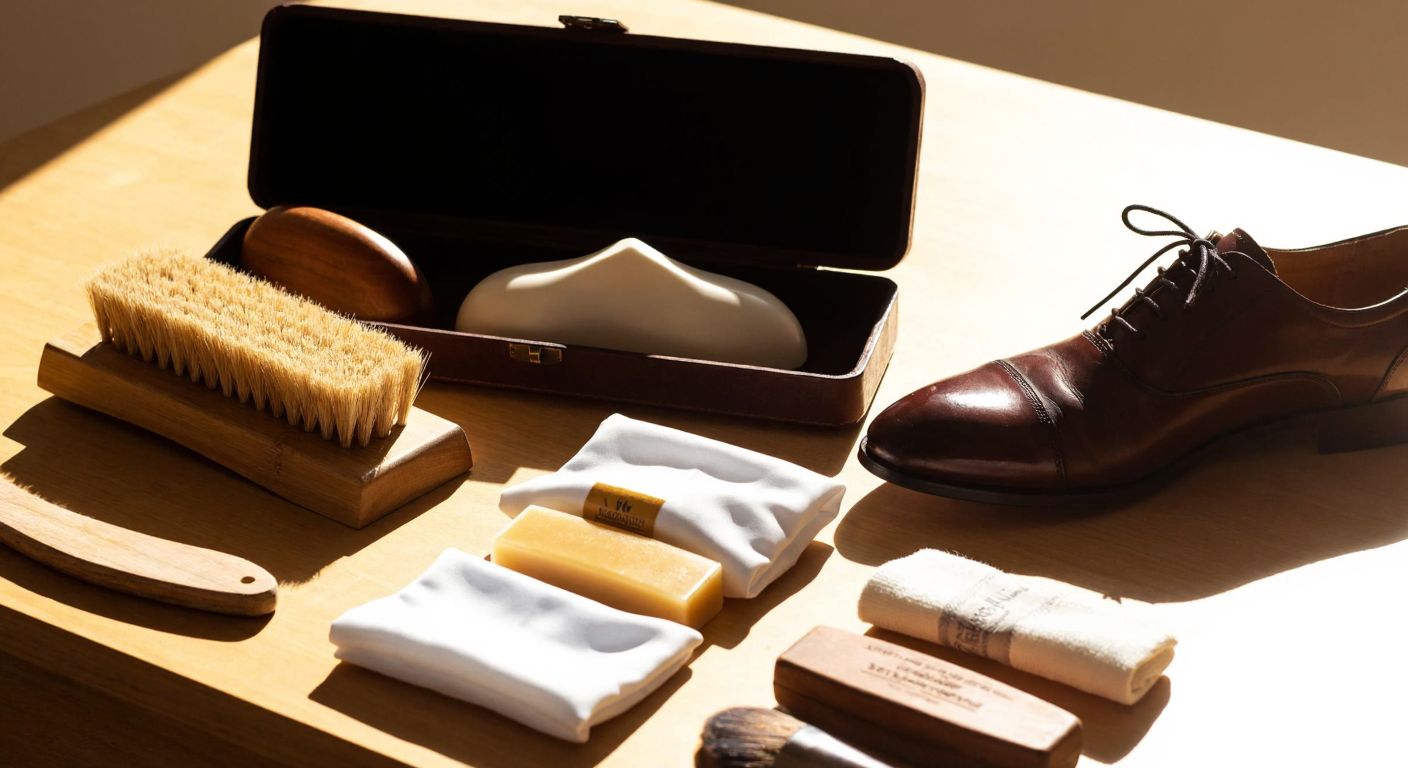 A neatly arranged Turkish shoe care kit with a soft brush, damp cloth, leather cleaner, and a pair of polished leather shoes on a wooden table, bathed in warm sunlight.