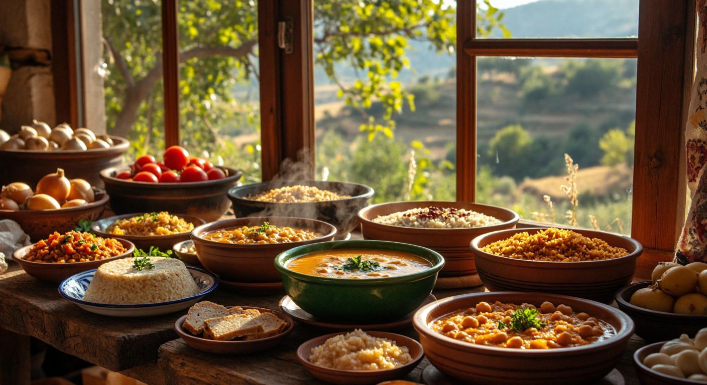 A rustic wooden table in Şarkikaraağaç laden with steaming bowls of tarhana soup, kabune pilaf, nohutlu yahni, keşkek, and slices of tahin helva, surrounded by fresh local produce and warm golden sunlight filtering through a countryside window.