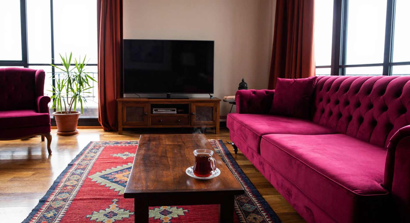 A cozy Turkish living room with a plush velvet sofa in deep burgundy, a patterned kilim rug, and a wooden coffee table holding a steaming cup of çay, as a family debates which seat offers the best view of the TV.