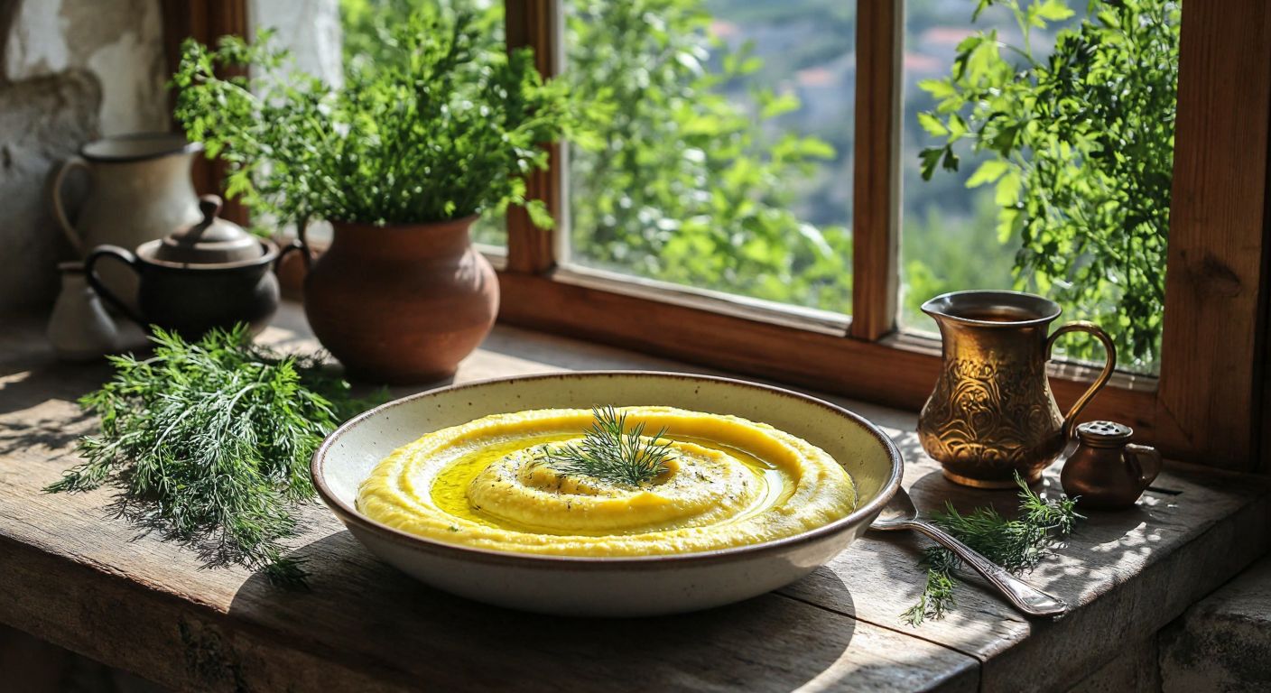 A rustic wooden table in a sunlit Aegean kitchen holds a creamy yellow fava meze garnished with olive oil and dill, surrounded by fresh herbs and a traditional Turkish coffee set.