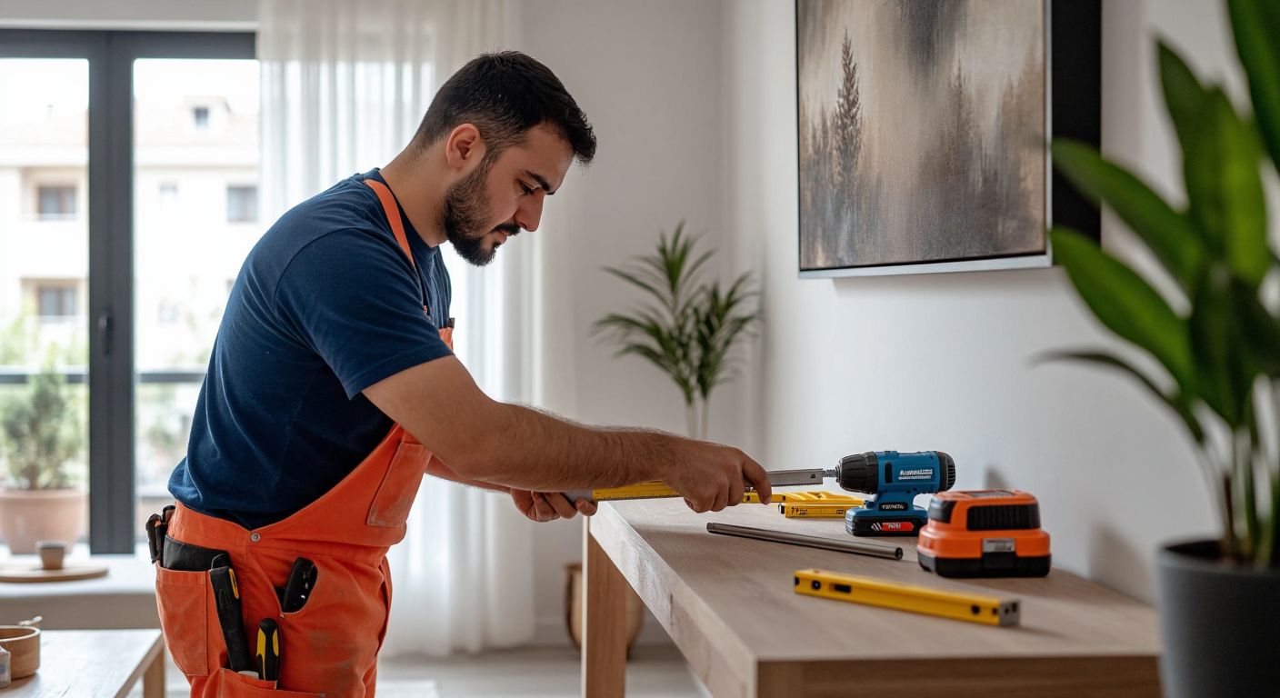 A focused Turkish handyman in a well-lit living room carefully measures and aligns a sleek aluminum curtain rail against a white wall, with tools like a spirit level and drill neatly arranged on a wooden table nearby.