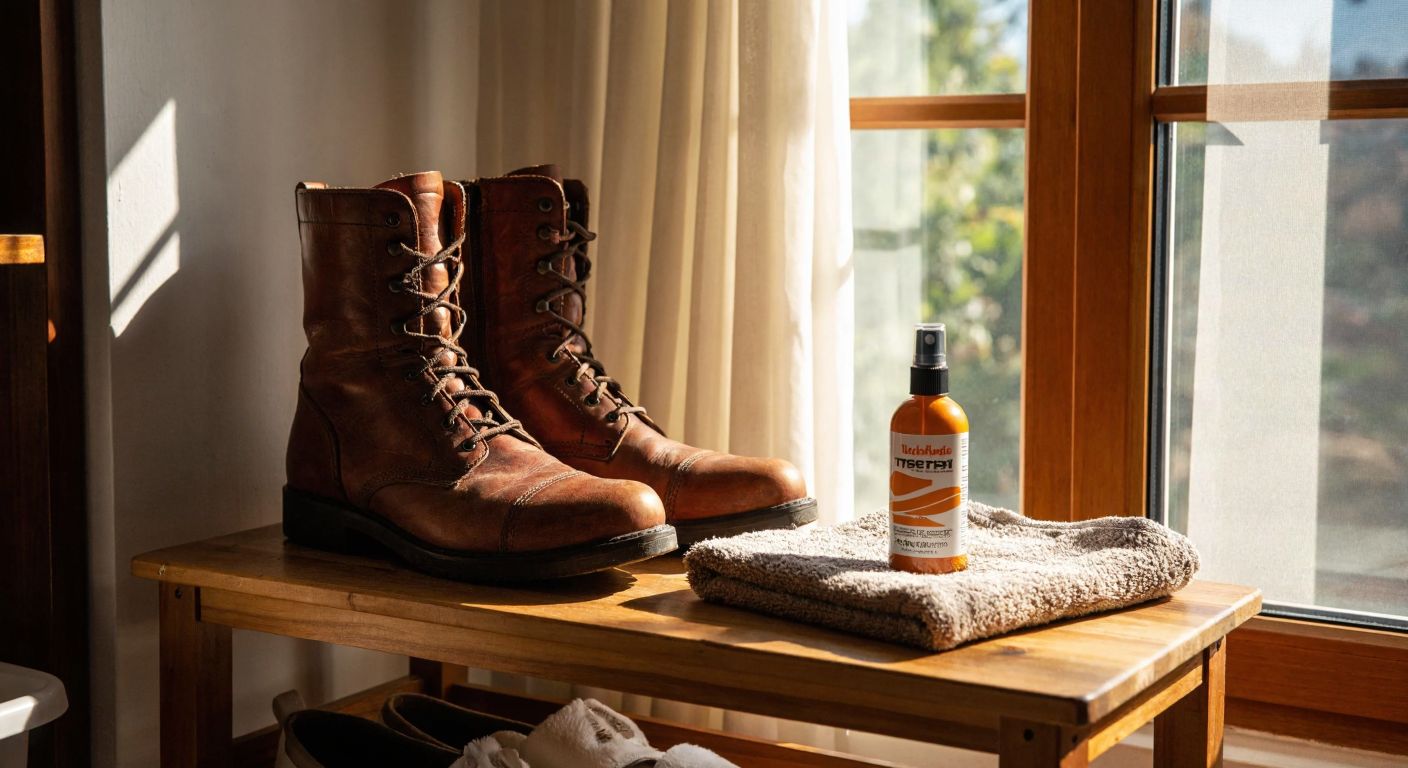 A pair of well-worn leather boots sits on a wooden shoe rack in a sunlit Turkish home, with a soft cloth and a bottle of waterproof spray neatly placed beside them, evoking care and longevity.