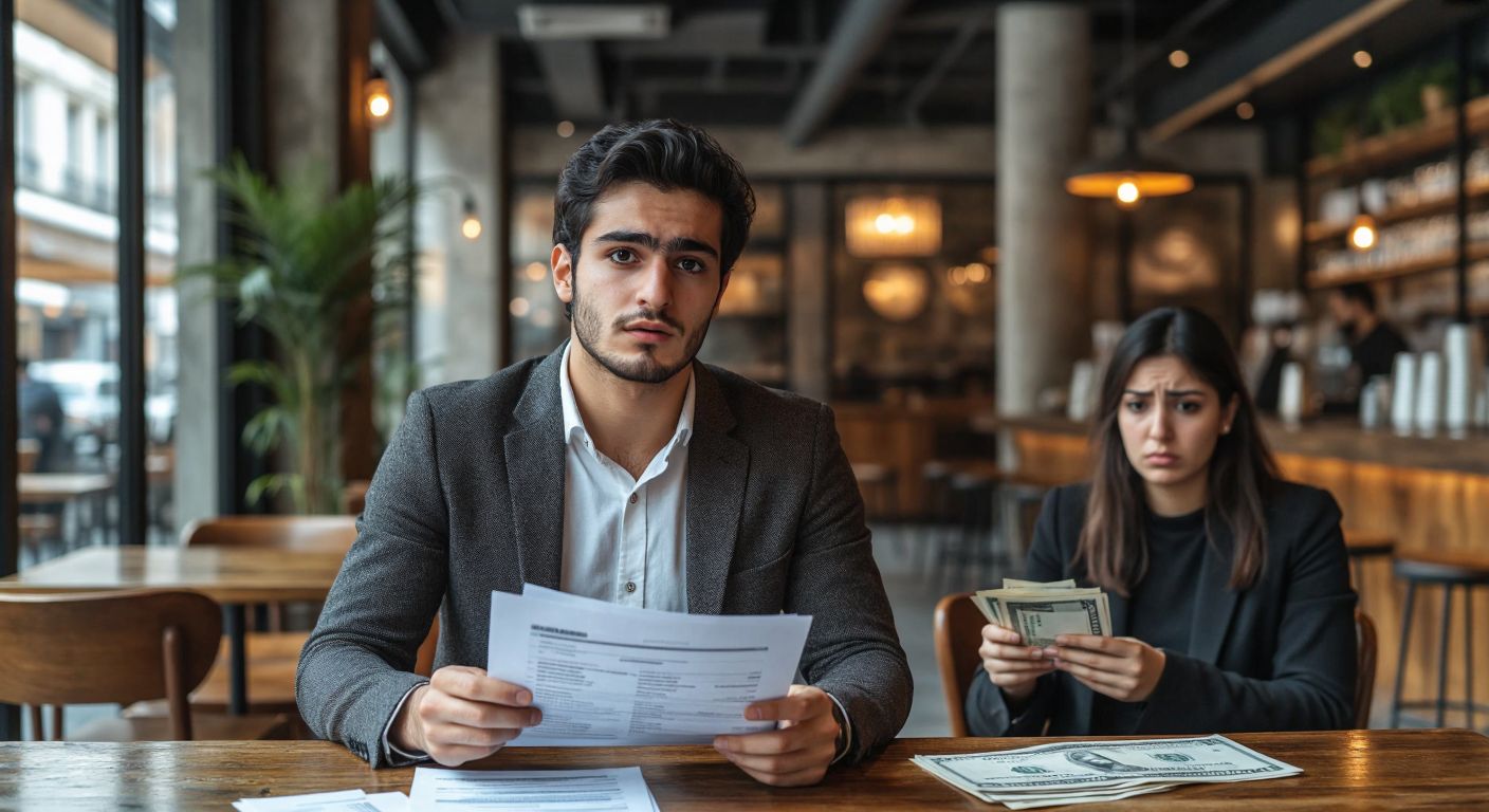 A thoughtful young Turkish professional in a modern café, confidently reviewing financial documents with a curious expression, while another person nearby appears anxious while clutching a stack of disorganized bills.