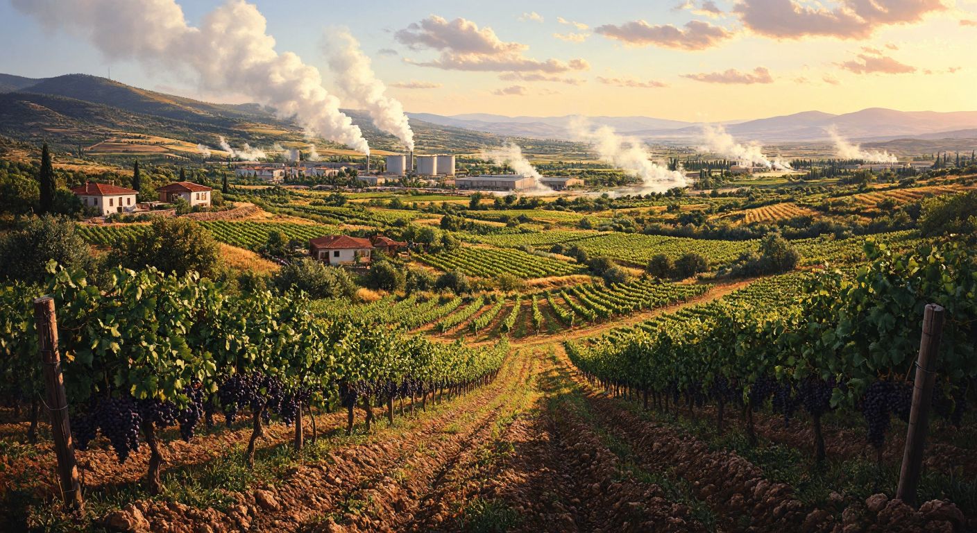 A sunlit Turkish countryside scene with lush vineyards, cotton fields, and olive groves stretching toward distant industrial buildings, while steam rises from natural hot springs in the foreground.