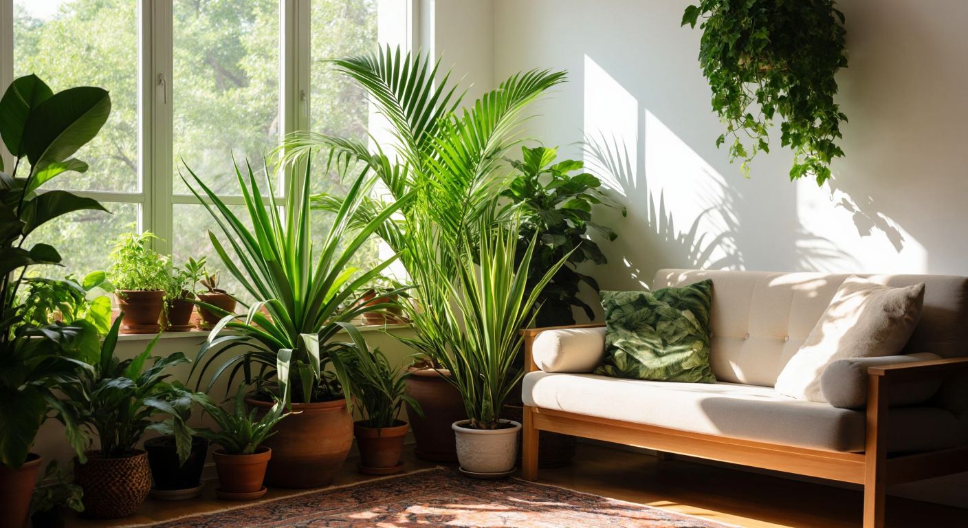 A sunlit Turkish living room with lush green plants—aloe vera, areca palm, rubber plant, and English ivy—arranged near a window, their broad leaves subtly cooling the air while a person relaxes nearby.