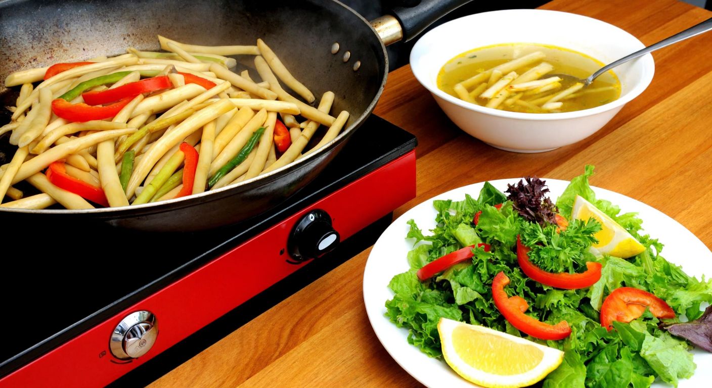A vibrant Turkish kitchen scene with fresh bamboo shoots being stir-fried in a sizzling wok alongside colorful vegetables, a steaming bowl of bamboo shoot soup on a wooden table, and a crisp salad garnished with lemon slices and olive oil.