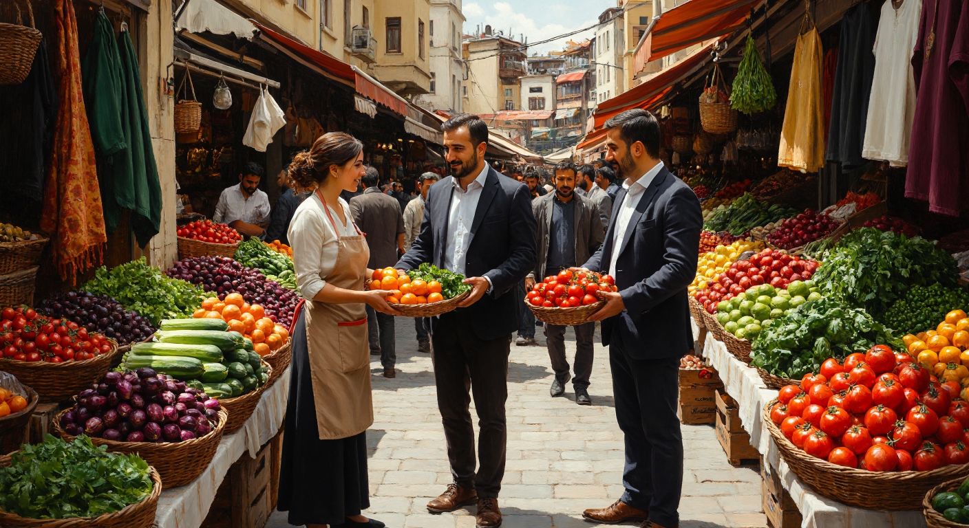 A bustling Turkish marketplace with vendors in aprons handing fresh produce and textiles to business owners in suits, symbolizing the exchange of resources between suppliers and organizations.
