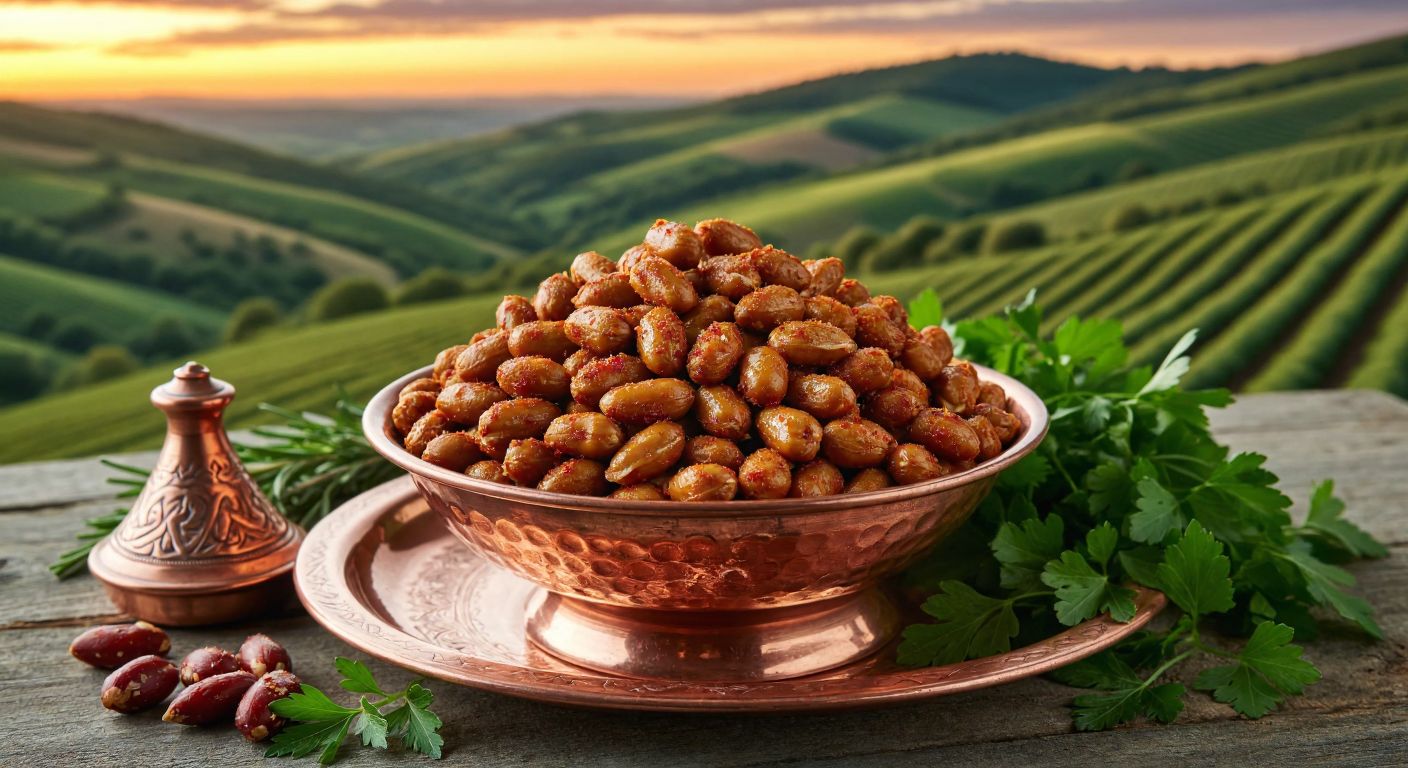 A vibrant bowl of glossy, spiced peanuts nestled on a traditional Turkish copper tray, surrounded by fresh herbs and a backdrop of rolling green hills under a warm sunset.