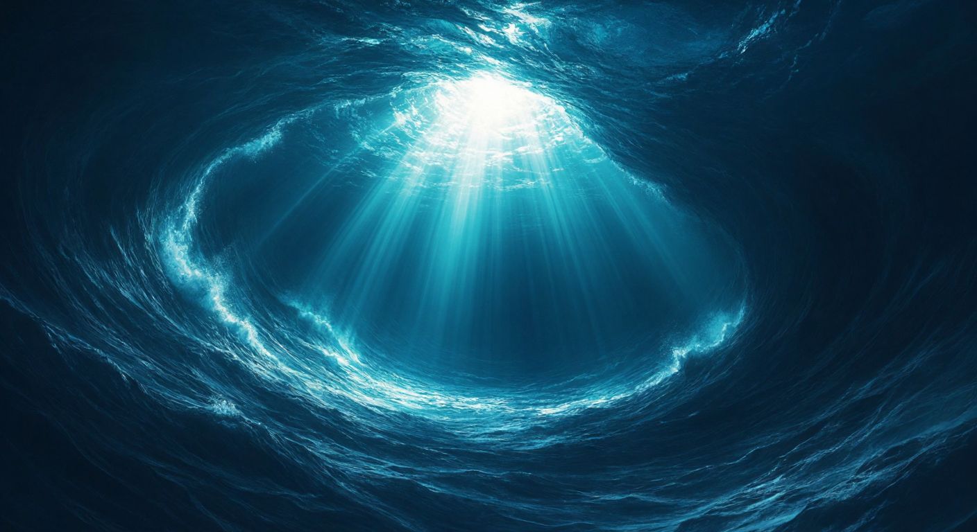 A vast, dark blue ocean trench with sunlight barely piercing the depths, surrounded by swirling currents and shadowy marine life, evoking mystery and scale.