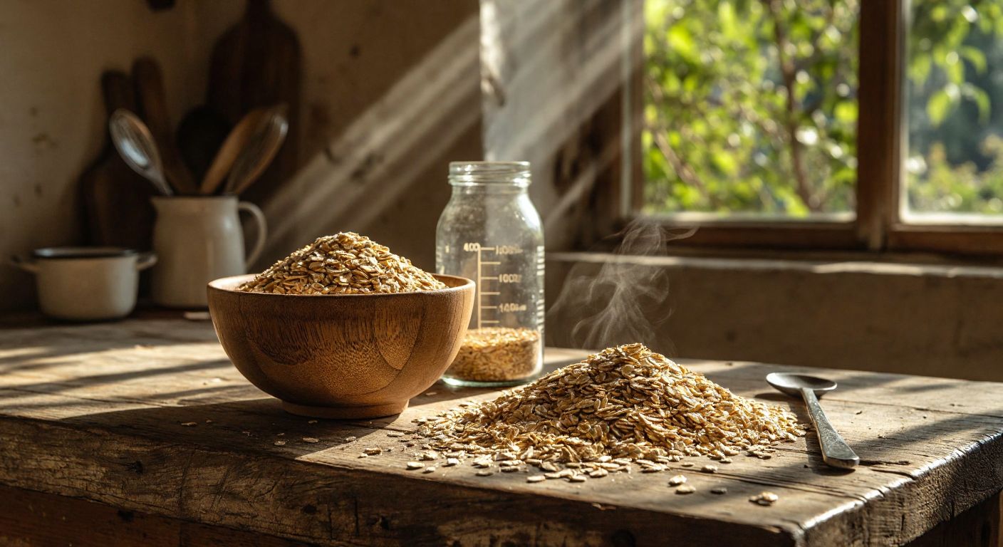 A small bowl of golden-brown oats sits on a rustic wooden table in a sunlit Turkish kitchen, with a measuring scale beside it and a handful of oats spilling onto the surface.