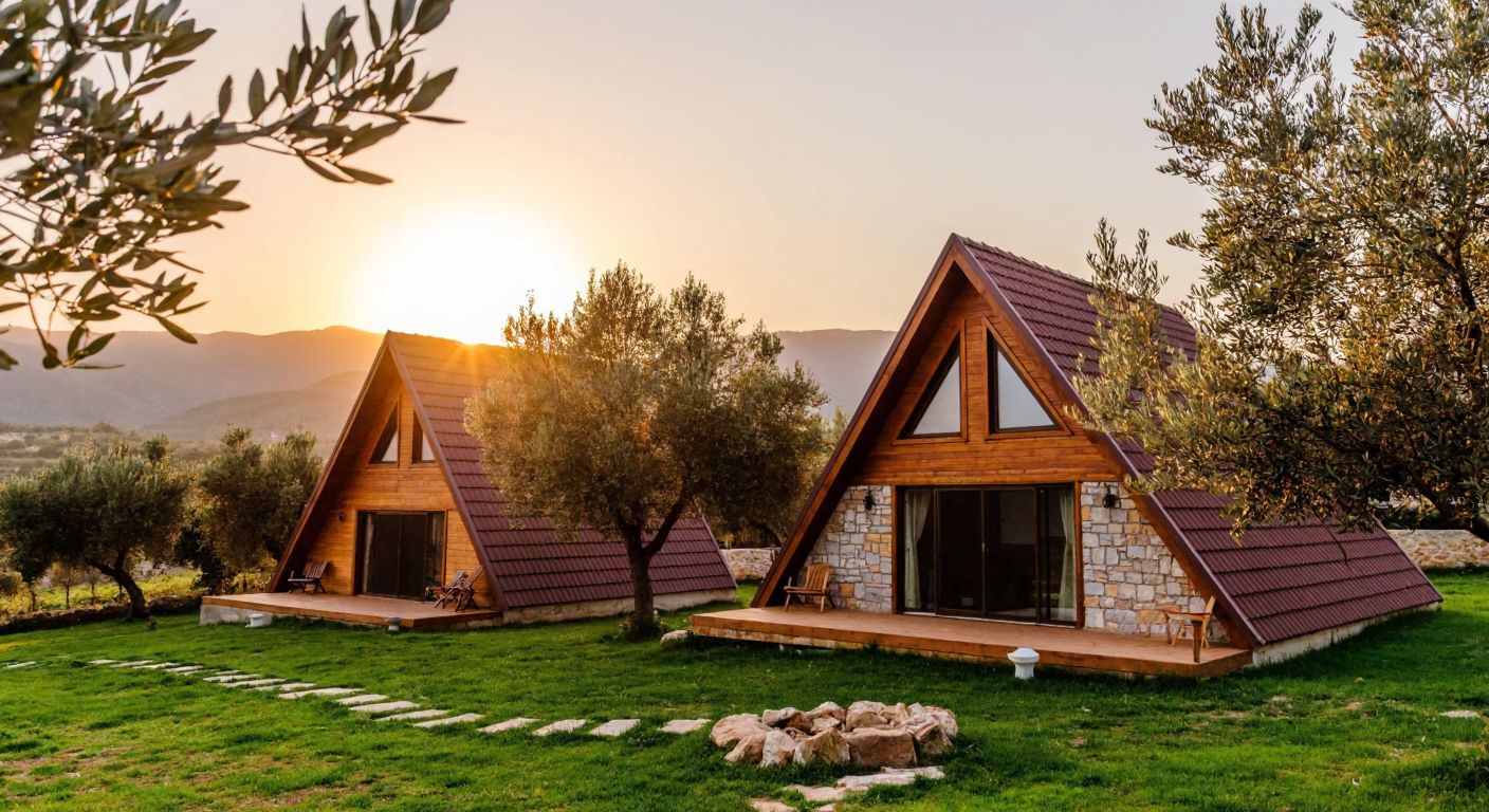 A cozy Turkish countryside scene with a modern triangular wooden house and a traditional rectangular stone house side by side, surrounded by olive trees under a warm sunset.