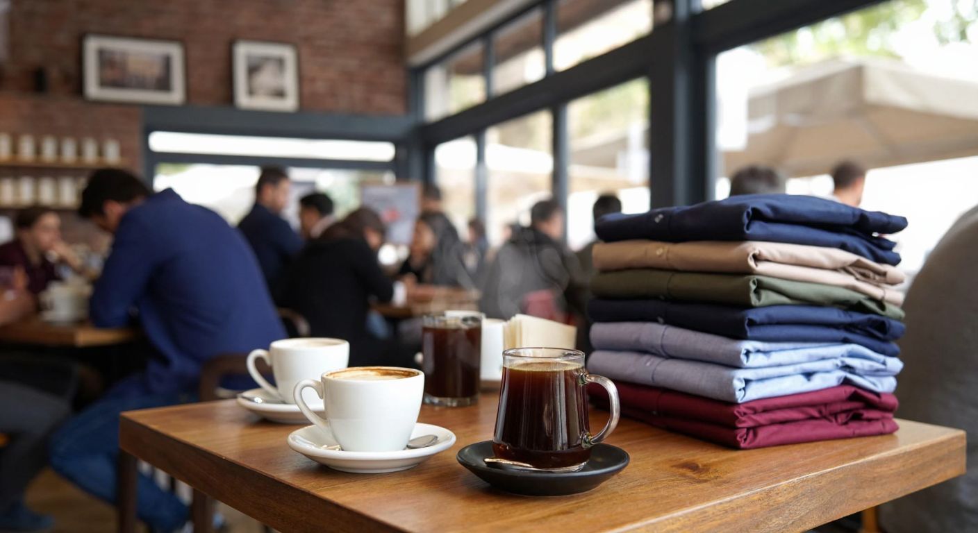 A bustling Turkish coffee shop with steaming cups of Brango Kahve on wooden tables, next to neatly folded stacks of Brango Tekstil men's shirts in earthy tones.
