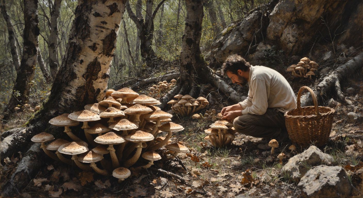 A sunlit forest floor in Turkey with clusters of brown-capped poplar mushrooms growing near tree roots, while a cautious forager in casual clothing examines them carefully with a woven basket nearby.