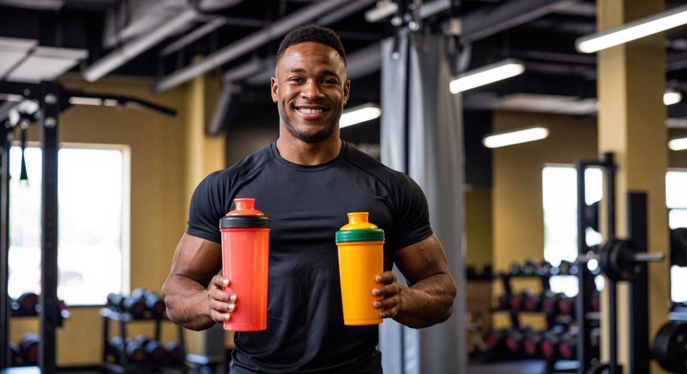 A muscular athlete in a gym holding two colorful shaker bottles—one with a tropical fruit aroma and the other with a citrus scent—smiling thoughtfully while deciding between them.
