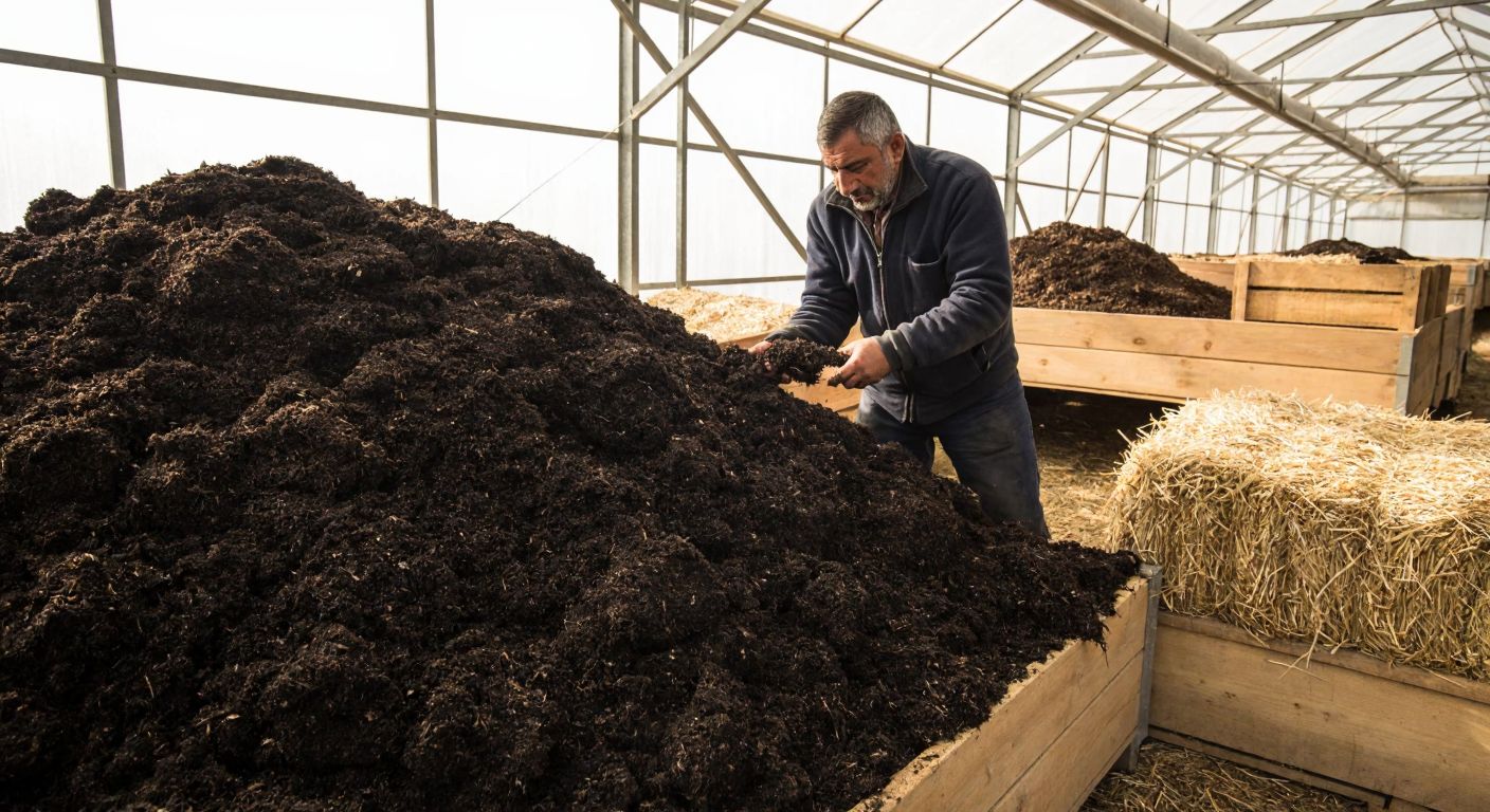 A Turkish farmer in a sunlit greenhouse carefully measuring oyster mushroom spawn into a large pile of dark, moist compost with wooden crates and straw nearby.
