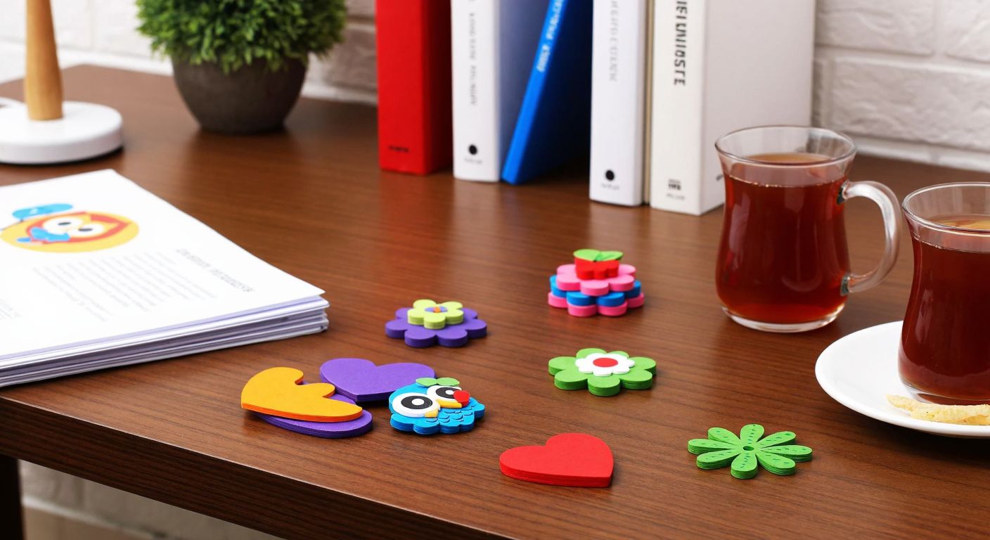 A wooden desk in a cozy Turkish office scattered with colorful paper holders shaped like hearts, flowers, and owls, alongside neatly stacked documents and a steaming cup of çay.