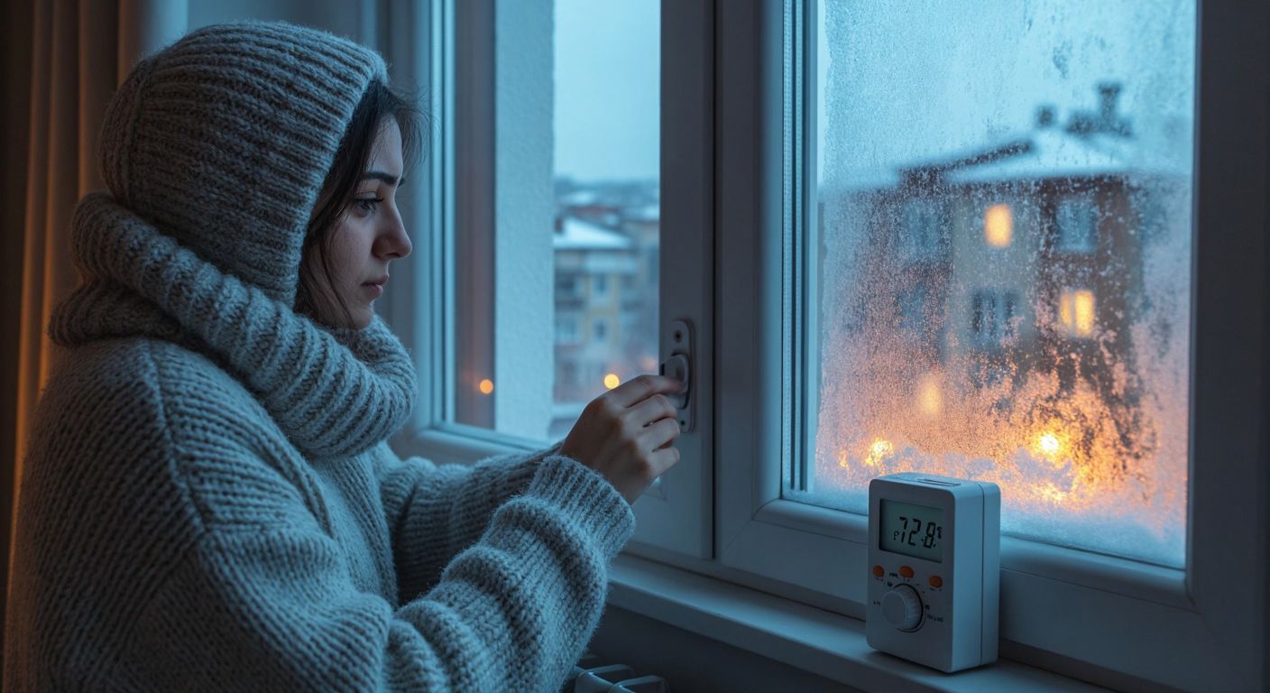 A cozy Turkish apartment with steam radiators glowing warmly, a thermometer showing 12°C outside a frosty window, and a resident wrapped in a thick sweater adjusting the thermostat.  

*(Note: The thermometer is described as showing temperature through visual cues like frost and warmth, not numeric/textual representation.)*