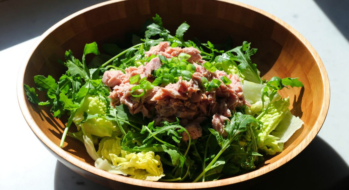 A vibrant wooden bowl filled with fresh arugula, shredded lettuce, flaked tuna, chopped dill, and green onions, drizzled with olive oil and lemon juice, placed on a sunlit kitchen counter in Turkey.