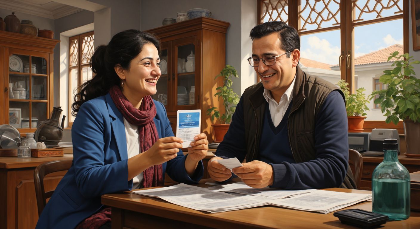 A concerned middle-aged person in a Turkish municipal office, holding a new blue water card while a clerk reassures them with a warm smile, as a water meter and paperwork sit on the counter between them.