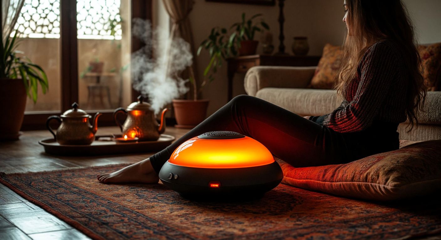 A cozy Turkish living room with a person sitting on a floor cushion, bare feet resting on a UFO-shaped foot warmer glowing softly in warm orange hues, while a traditional çaydanlık steams gently in the background.