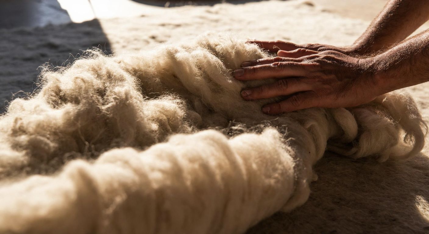 A close-up of a Turkish artisan’s hands pressing and shaping raw, undyed wool fibers into a dense, textured felt mat, with sunlight highlighting the natural fibers’ earthy tones.