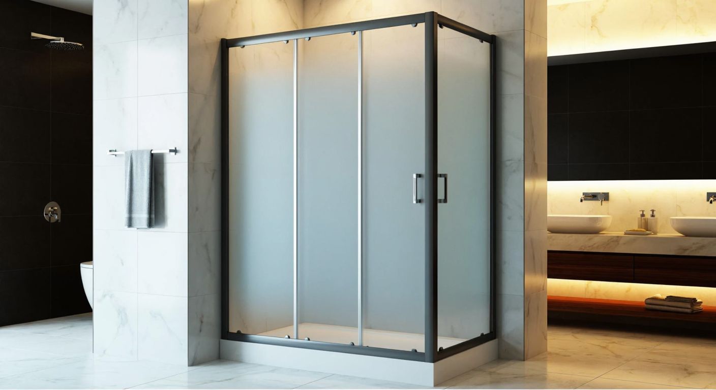 A sleek, modern shower cabin with frosted glass panels and chrome fittings, displayed in a bright Turkish bathroom with marble tiles and warm lighting.
