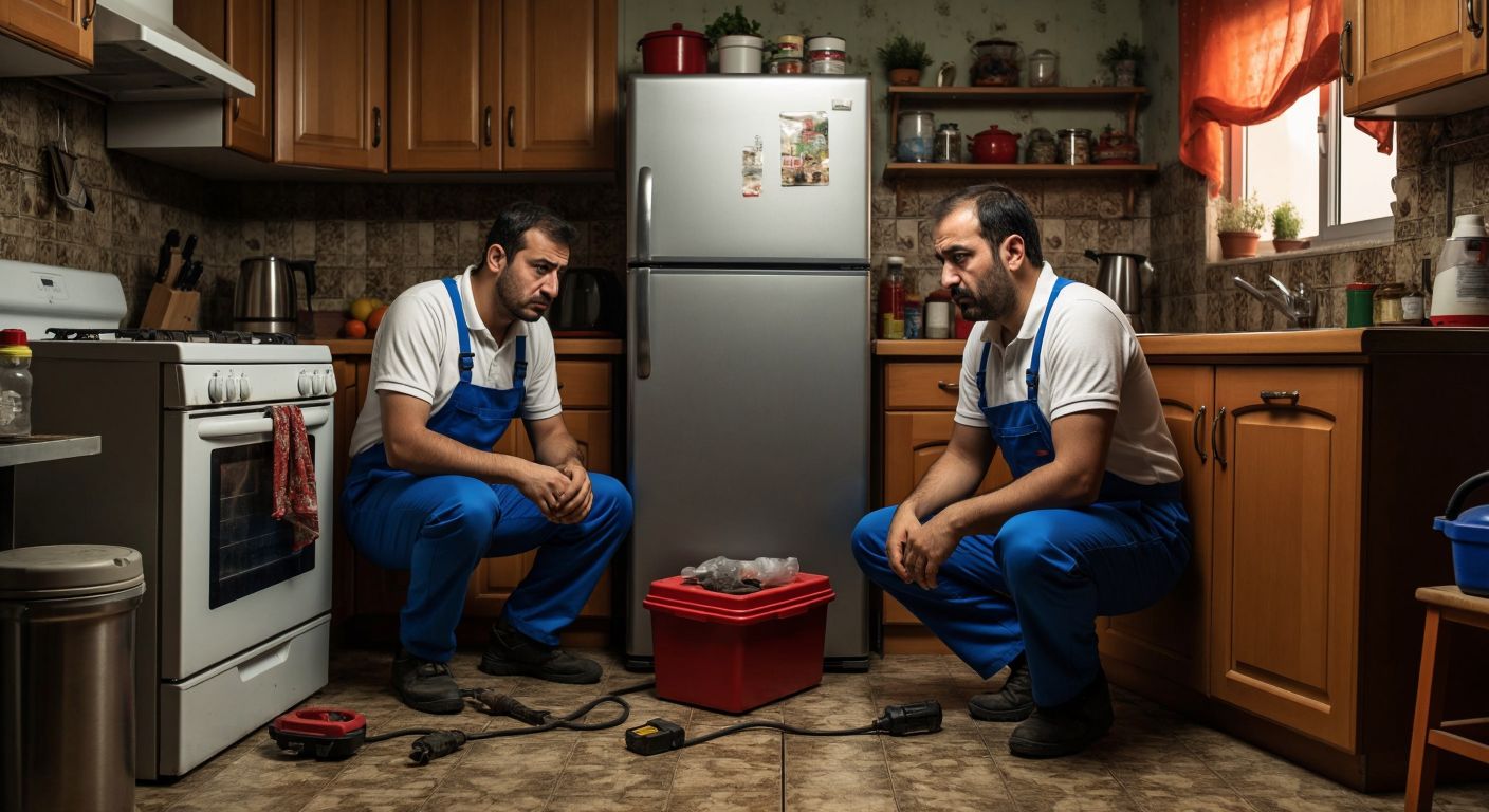 A Turkish homeowner in a modest kitchen frowns at a leaking refrigerator while a uniformed technician with a toolbox kneels to inspect the drainage hose.