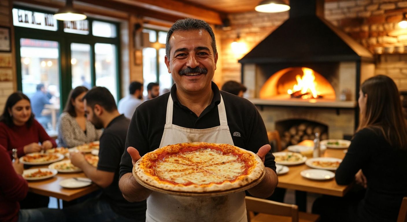 A bustling Turkish restaurant with a warm, wood-fired oven in the background, a smiling middle-aged man with a mustache (Selçuk Kılıç) proudly holding a freshly baked lahmacun, surrounded by customers enjoying the meal.
