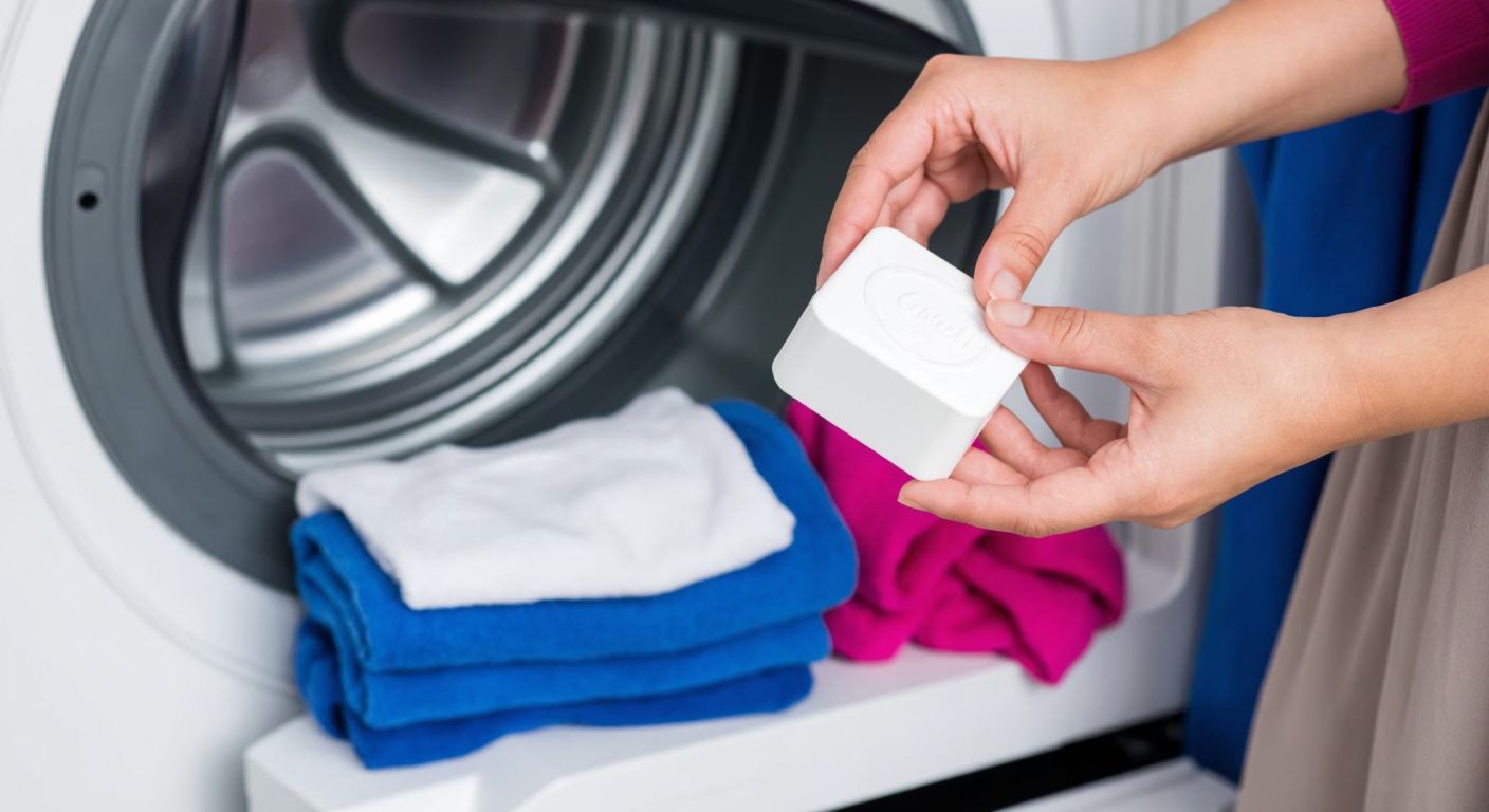 A close-up of a Turkish woman’s hands placing a white Calgon tablet into the detergent compartment of a washing machine, with a neatly folded pile of colorful laundry beside it.