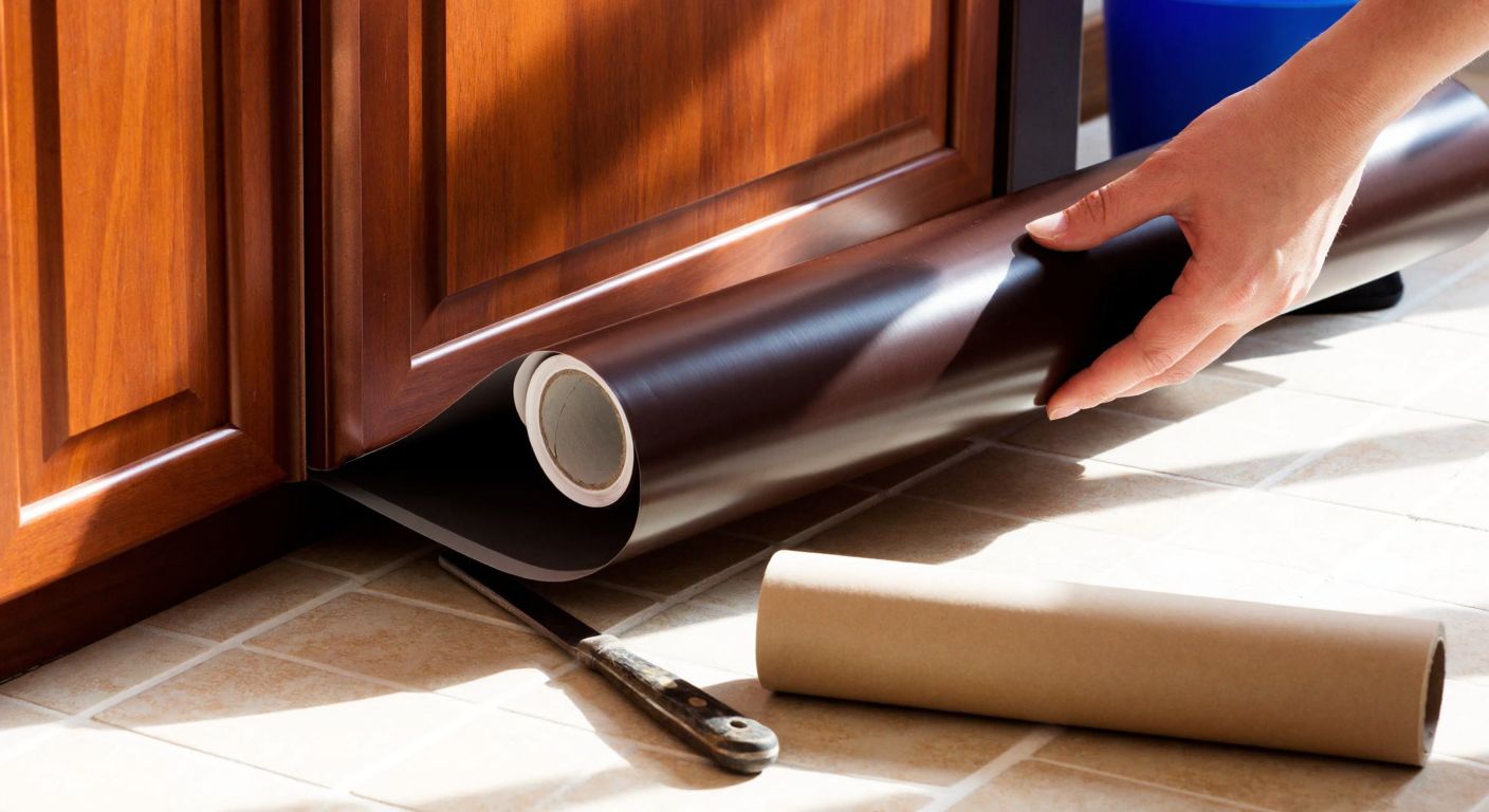 A close-up of a hand carefully smoothing dark brown adhesive foil onto a smooth wooden cabinet door in a sunlit Turkish home, with a roll of foil and a utility knife resting nearby on a tiled countertop.