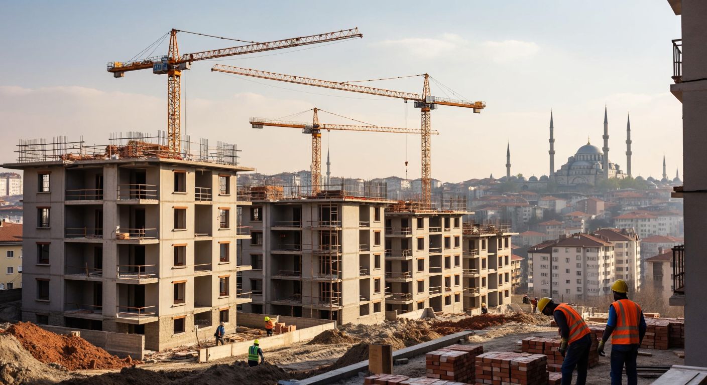 A modern construction site in Turkey with cranes towering over half-built apartment complexes, workers in hard hats laying bricks, and a backdrop of Istanbul’s skyline with minarets visible in the distance.