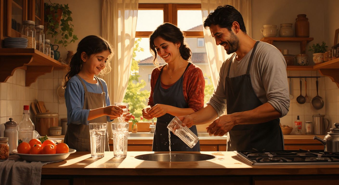 A Turkish family of four stands in a sunlit kitchen, smiling as they fill glasses from a running tap, with a water meter subtly visible in the background.  

(Note: The water meter is implied as a generic mechanical device without numbers or labels, adhering to the constraints.)