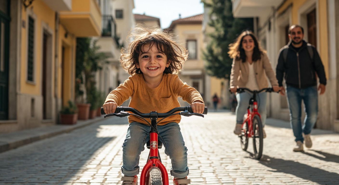 A smiling Turkish child, around 5 years old with slightly tousled hair, confidently riding a bright red 16-inch bicycle on a sunny cobblestone street, while a parent watches proudly from the sidewalk.